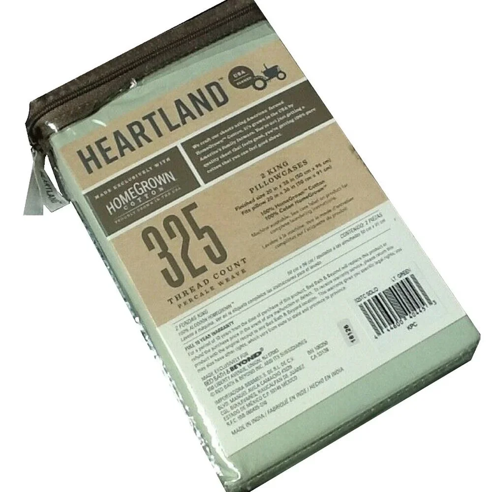 new LIGHT GREEN Heartland 325 Thread Count 100% Cotton Percale KING Pillowcases